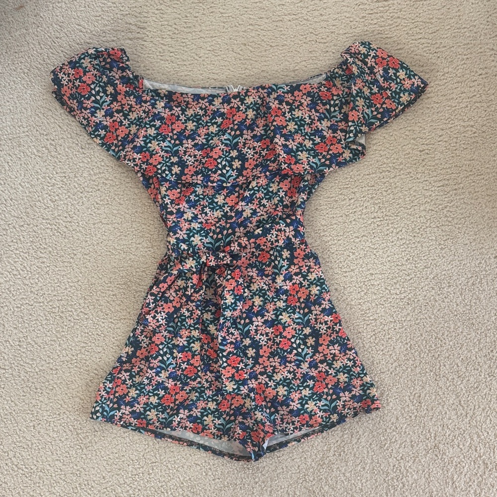 SHEIN Navy Floral Off-Shoulder Romper with Pink Flowers